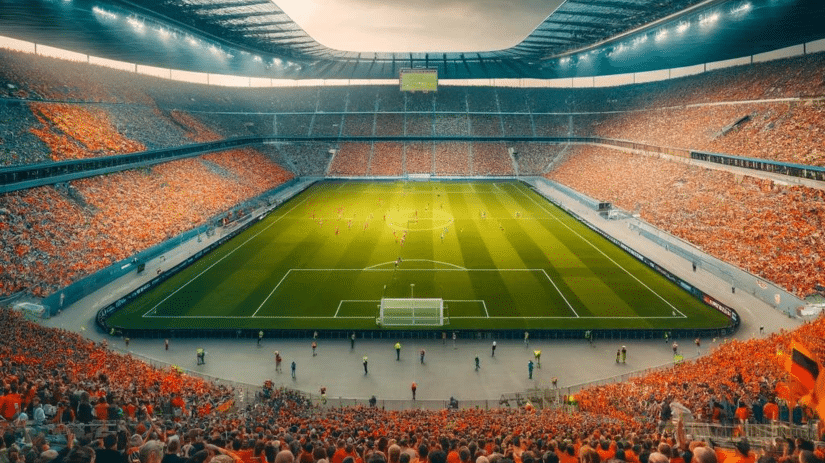 een groot vol stadion vol fans met oranje shirts kijkt naar het nederlands elftal op het veld