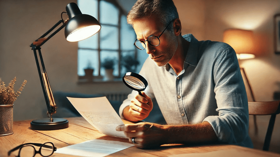 een man met bril leest een brief van zijn bank door een loep aan de eetkamertafel